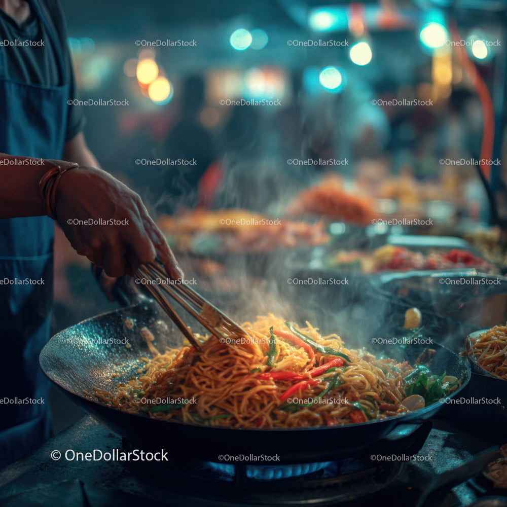 Night Market Wok Cooking with Colorful Vegetables and Steaming Noodles