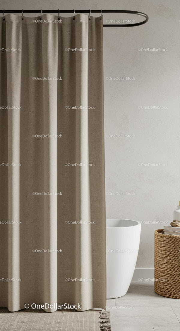 Contemporary Bathroom with Linen Curtain and Freestanding Tub