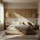 Cozy natural bedroom with wooden accents and soft light