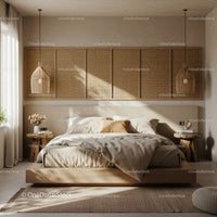 Cozy natural bedroom with wooden accents and soft light