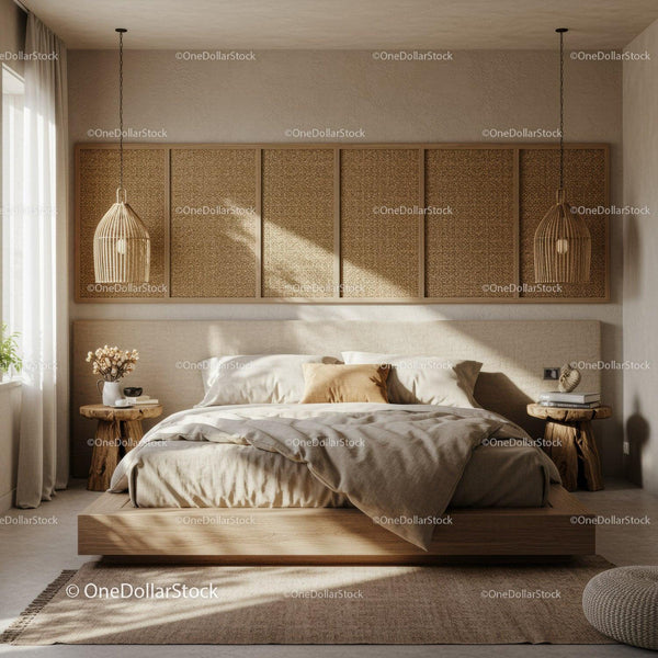 Cozy natural bedroom with wooden accents and soft light