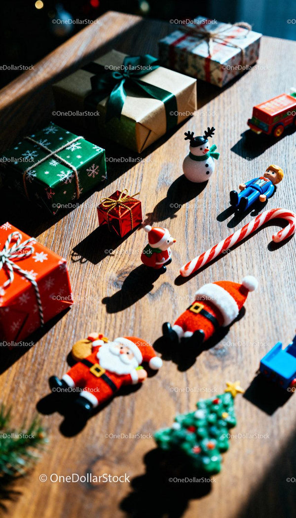 Festive Christmas gifts and decorations on wooden table
