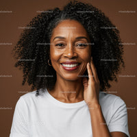 Confident Smiling Woman with Curly Hair in Casual White T-Shirt