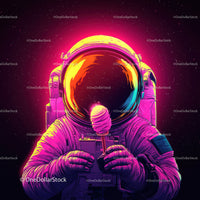 Colorful Astronaut Holding Ice Cream in Space with Galaxy Reflection