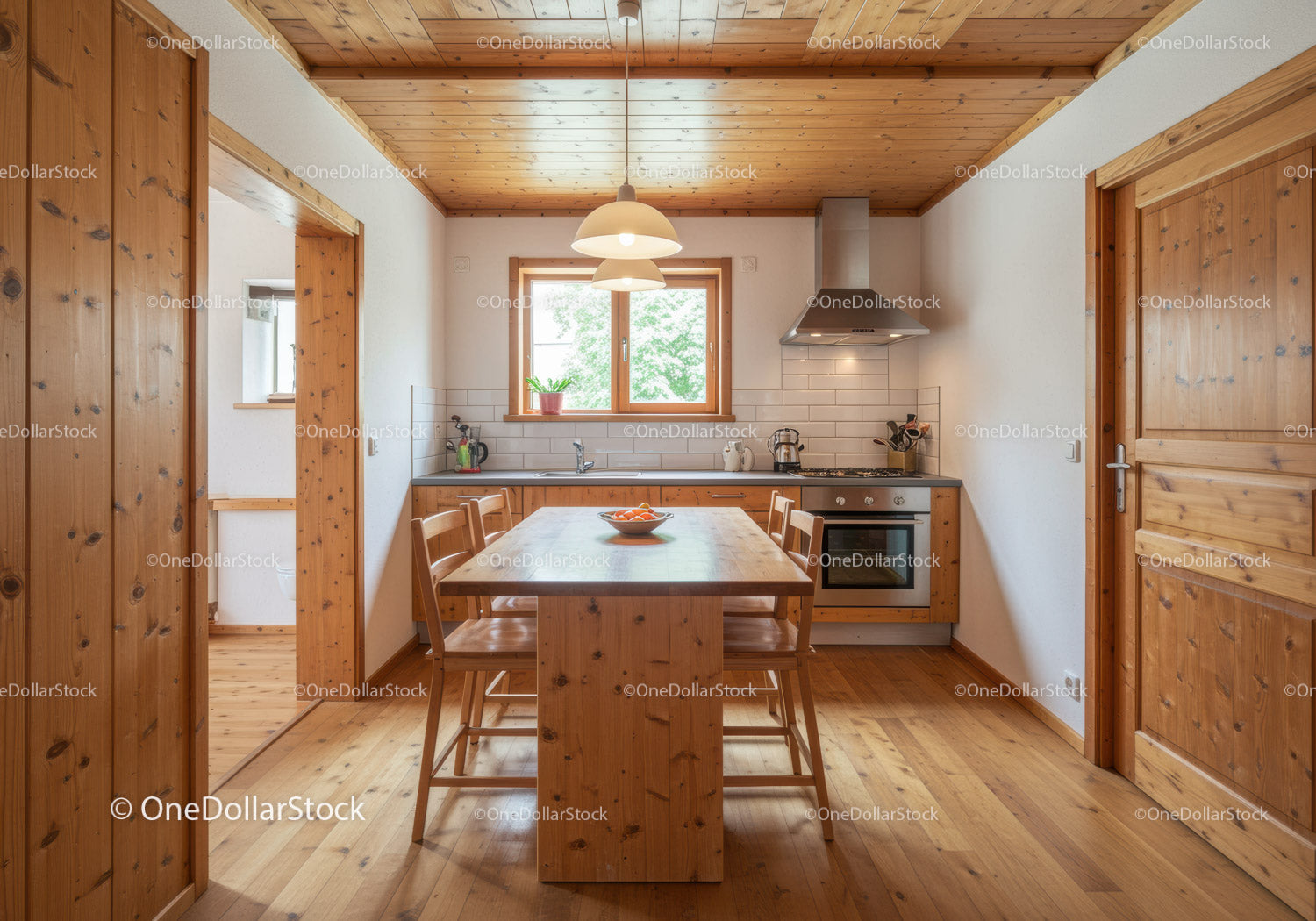 Warm Rustic Kitchen with Wooden Dining Table and Natural Light