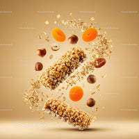 Healthy granola bars surrounded by nuts and dried fruit