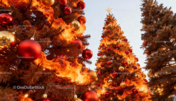 Christmas Trees Decorated with Red and Gold Ornaments on Fire