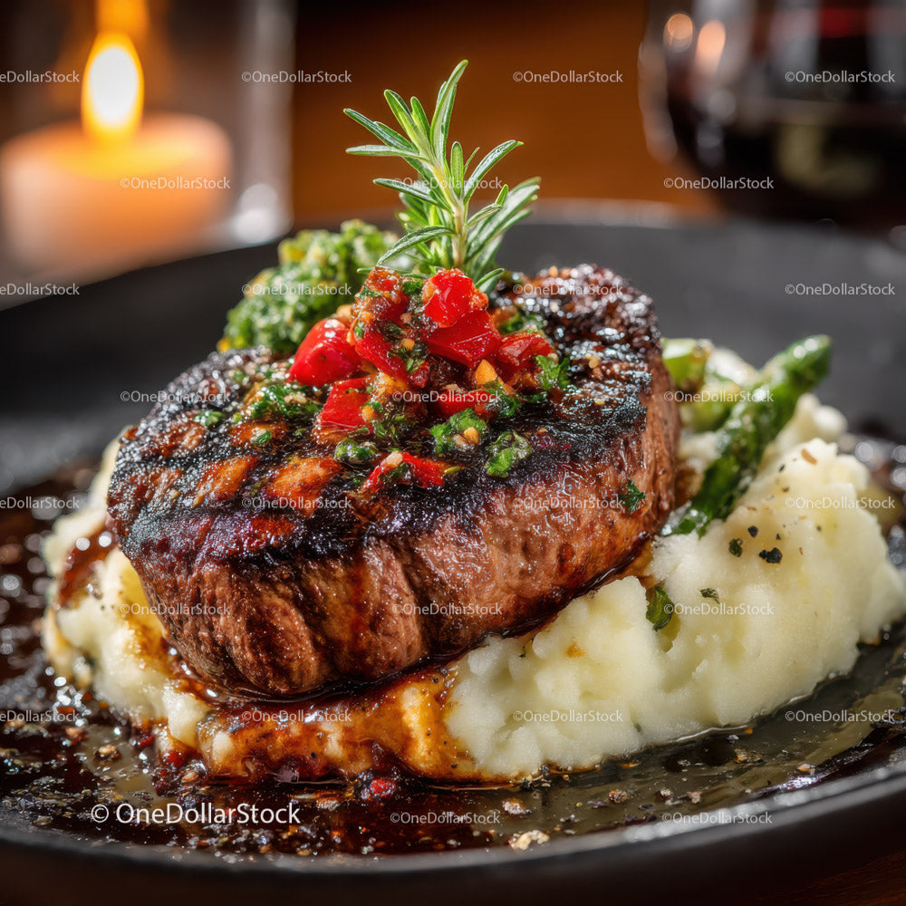 Close-Up Gourmet Steak with Mashed Potatoes and Pepper Sauce
