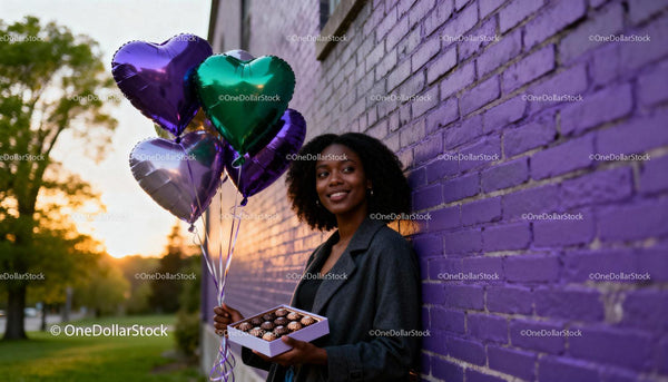 Smiling woman holding heart balloons and chocolates at sunset