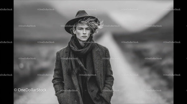 Fashionable Young Man in Herringbone Blazer with Scarf on Scenic Background