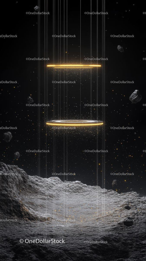 Futurystyczna scena kosmiczna z świecącymi pierścieniami i asteroidami