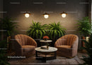 Cozy modern living room with armchairs and indoor plants