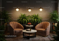 Cozy modern living room with armchairs and indoor plants