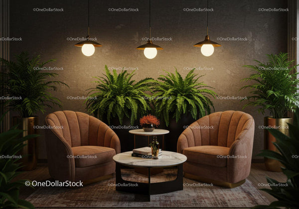 Cozy modern living room with armchairs and indoor plants