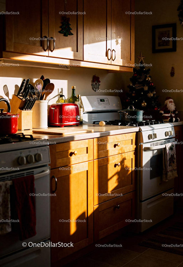 Cozy kitchen corner with warm sunlight and holiday decor