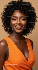 Elegant African American Woman with Curly Hair in Bright Orange Dress