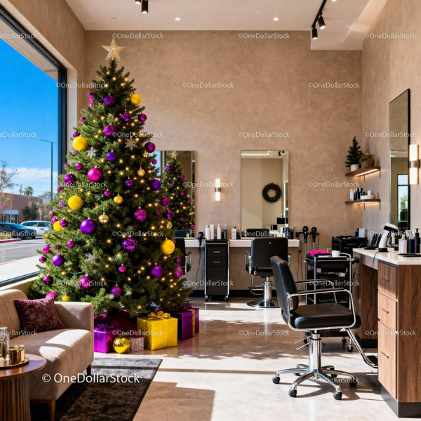 Modern Salon Decorated With Festive Christmas Tree And Gifts