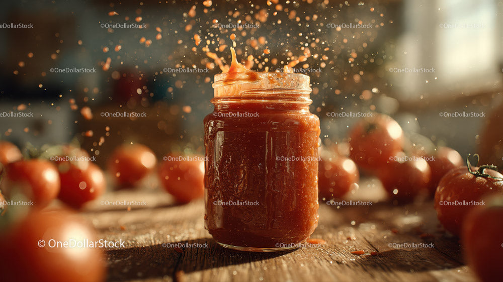 Rustic Tomato Sauce in Glass Jar with Fresh Tomatoes on Wooden Surface