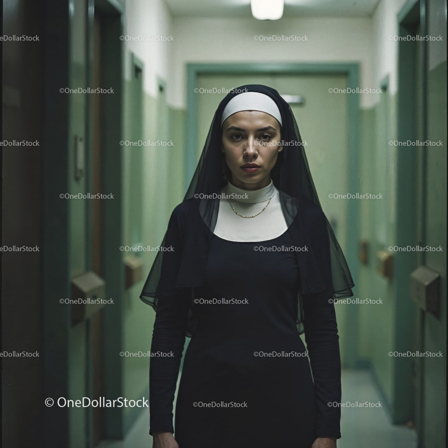 Confident Nurse in Hospital Corridor With Serious Expression