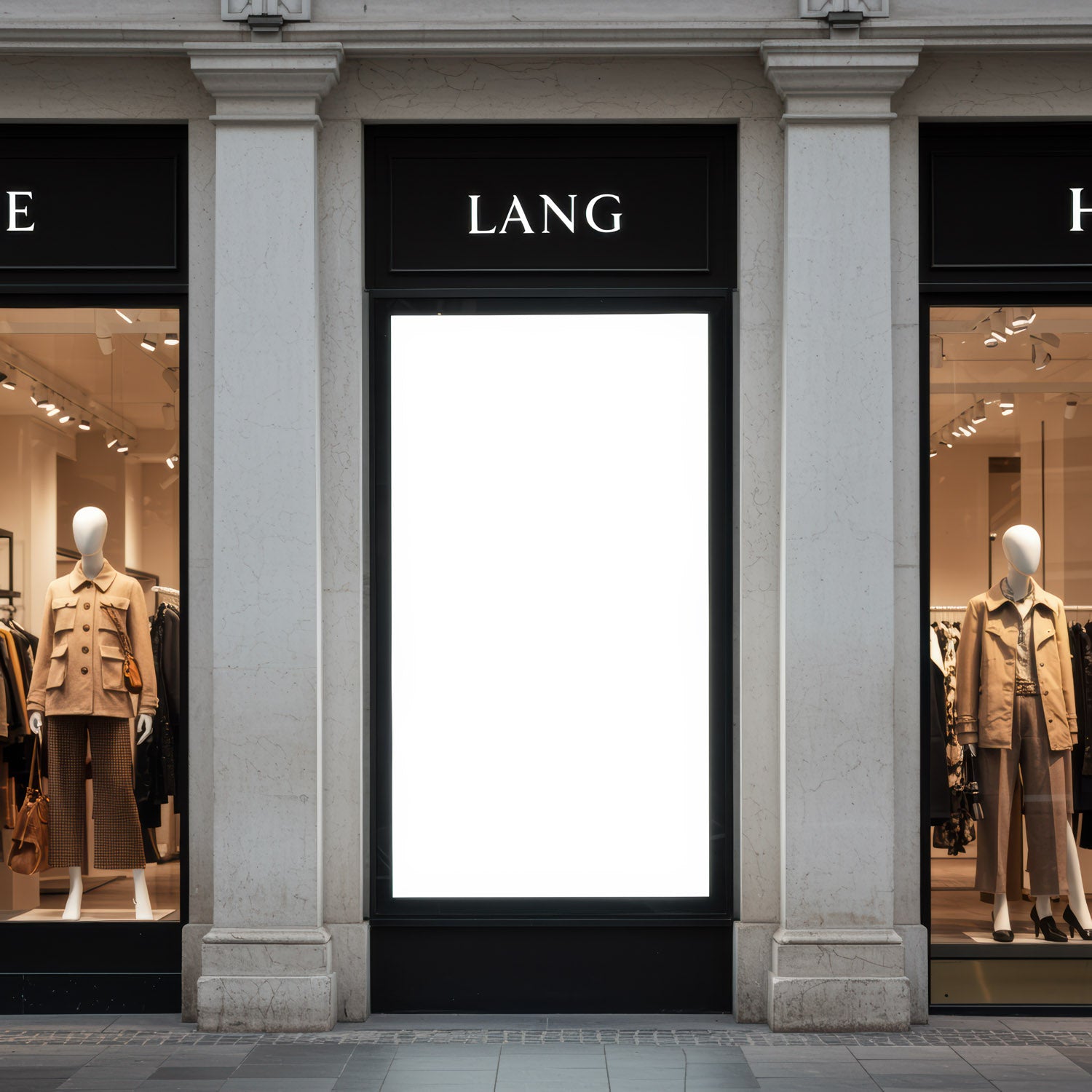 Fashion boutique storefront with empty advertising space