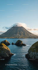 Majestic Volcano Over Calm Ocean Landscape with Rocky Shoreline