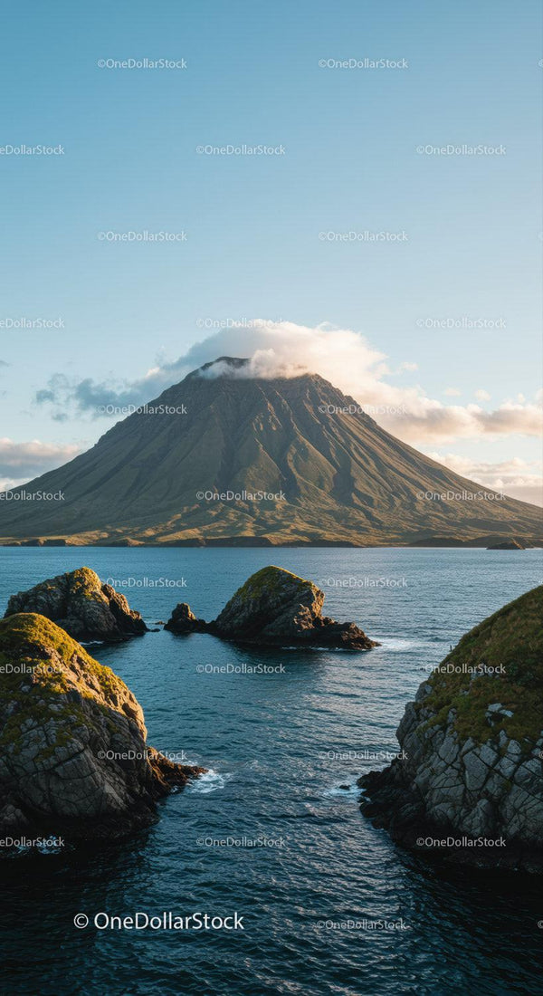 Majestic Volcano Over Calm Ocean Landscape with Rocky Shoreline