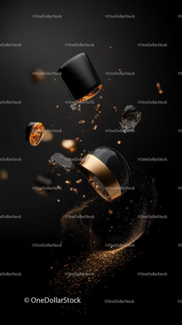 Elegant Black and Gold Rings Floating in Motion for Luxury Jewelry