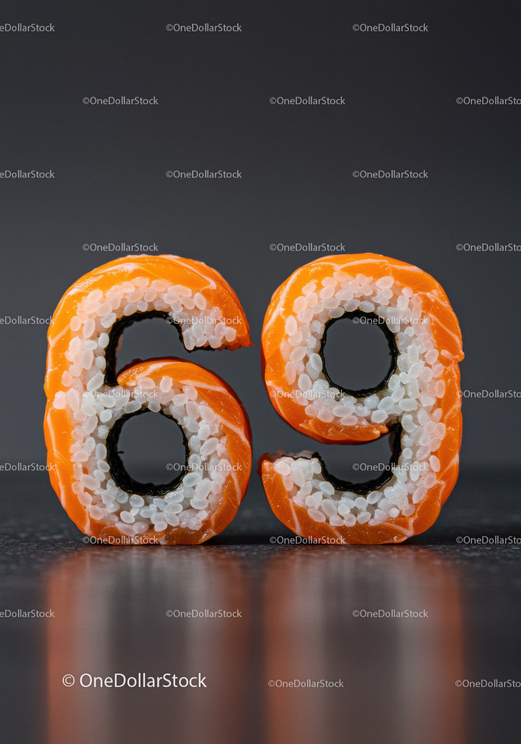 Creative sushi shaped as number sixty nine on black