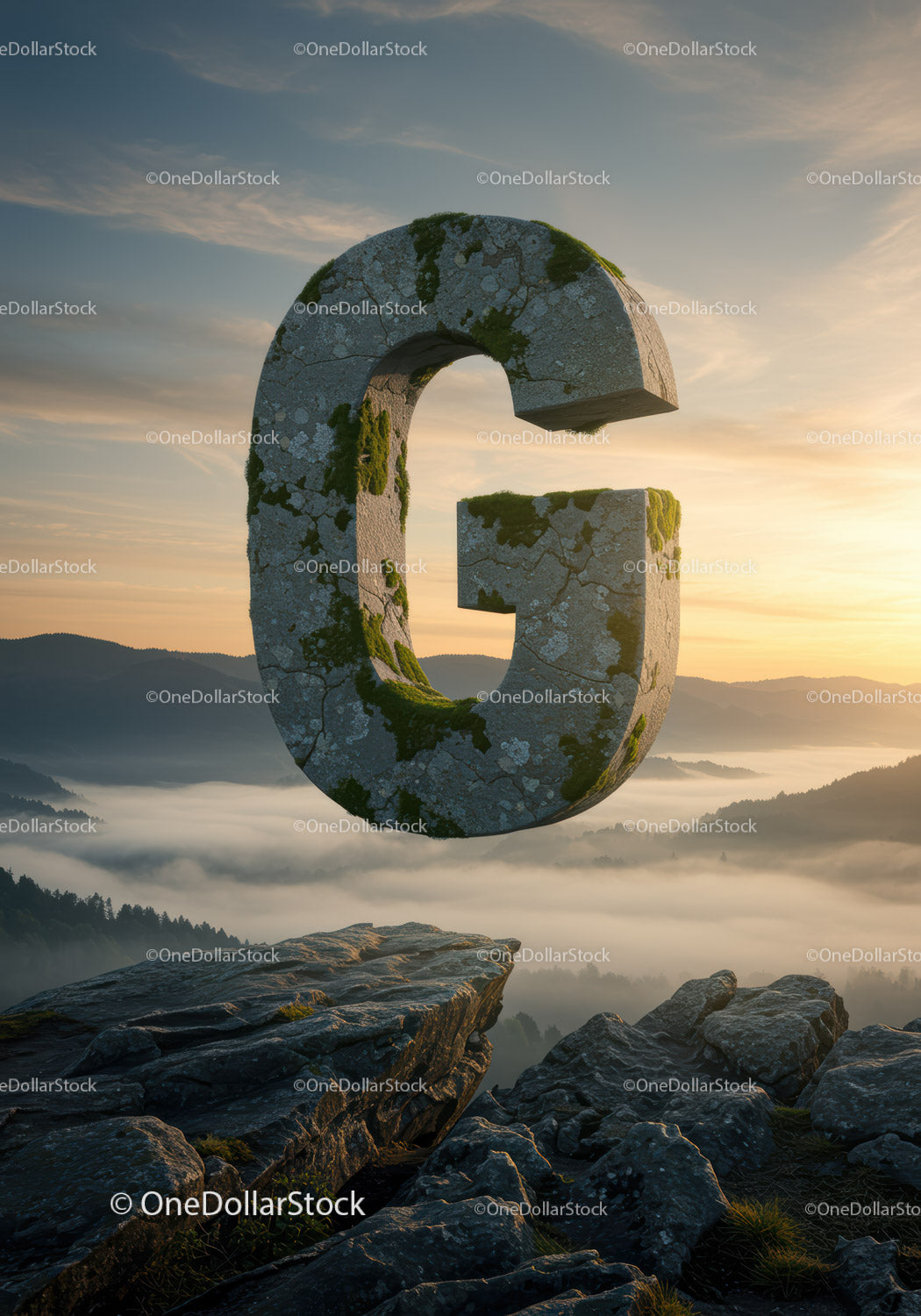 Moss-Covered Stone Letter G Floating Over Mountain Landscape