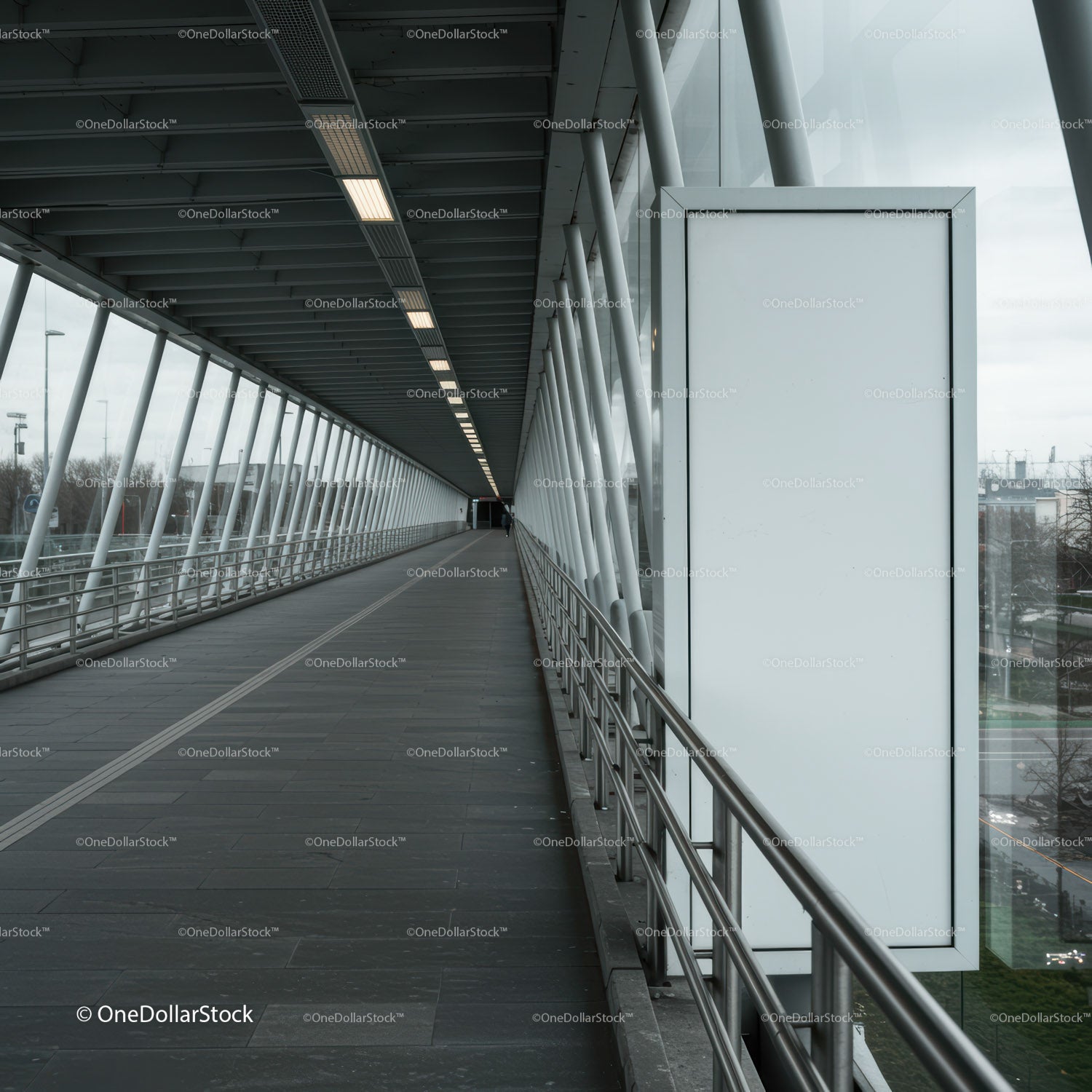 Empty modern pedestrian bridge with blank advertising panel