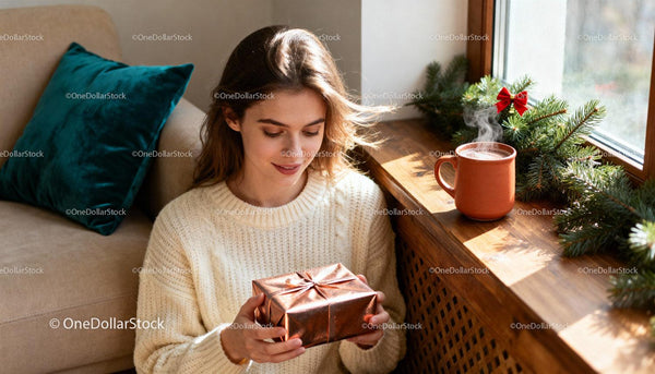 Woman in cozy sweater holding wrapped gift by window