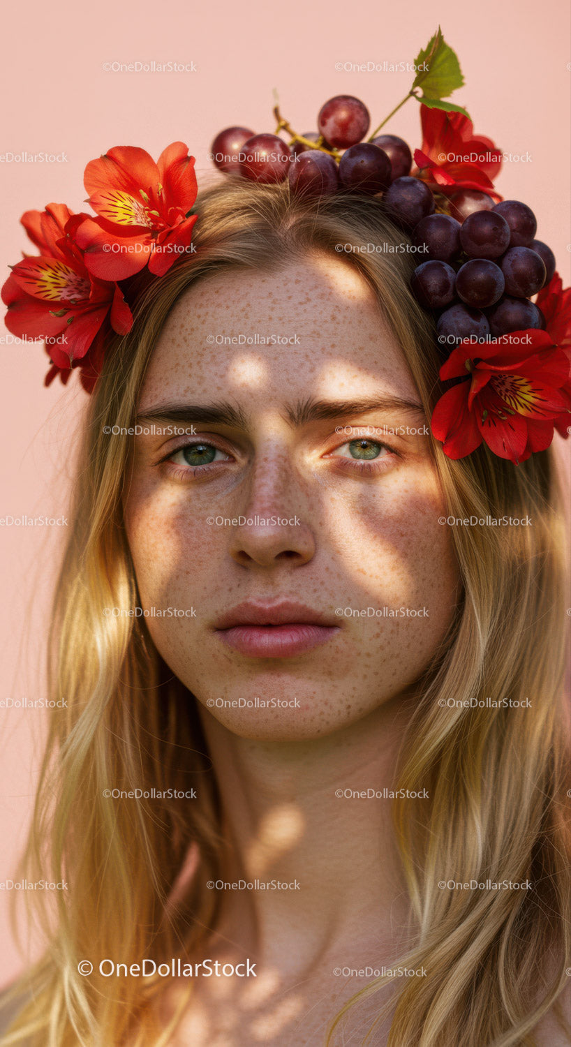 Beautiful Woman Wearing Floral Crown with Red Alstroemeria and Grape Flowers