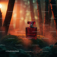 Luxury Red Perfume Bottle in Mystical Forest Scene