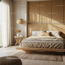 Cozy bedroom with natural textures and soft lighting