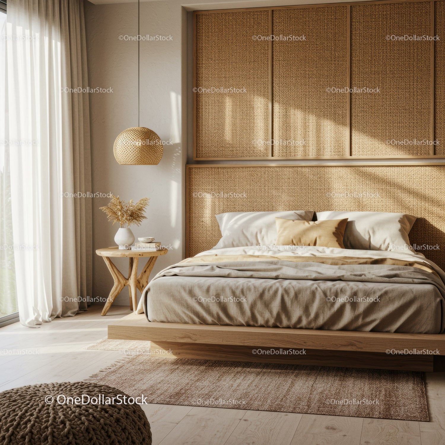 Cozy bedroom with natural textures and soft lighting