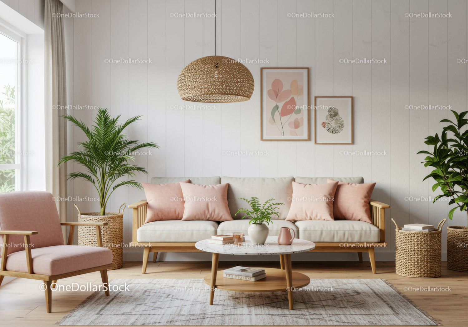 Cozy living room with pastel accents and natural textures