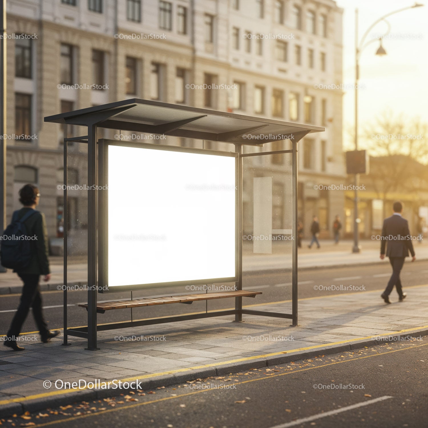 Empty bus stop shelter with illuminated advertisement panel