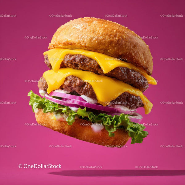 Delectable Double Cheeseburger with Lettuce and Onions on Pink Background