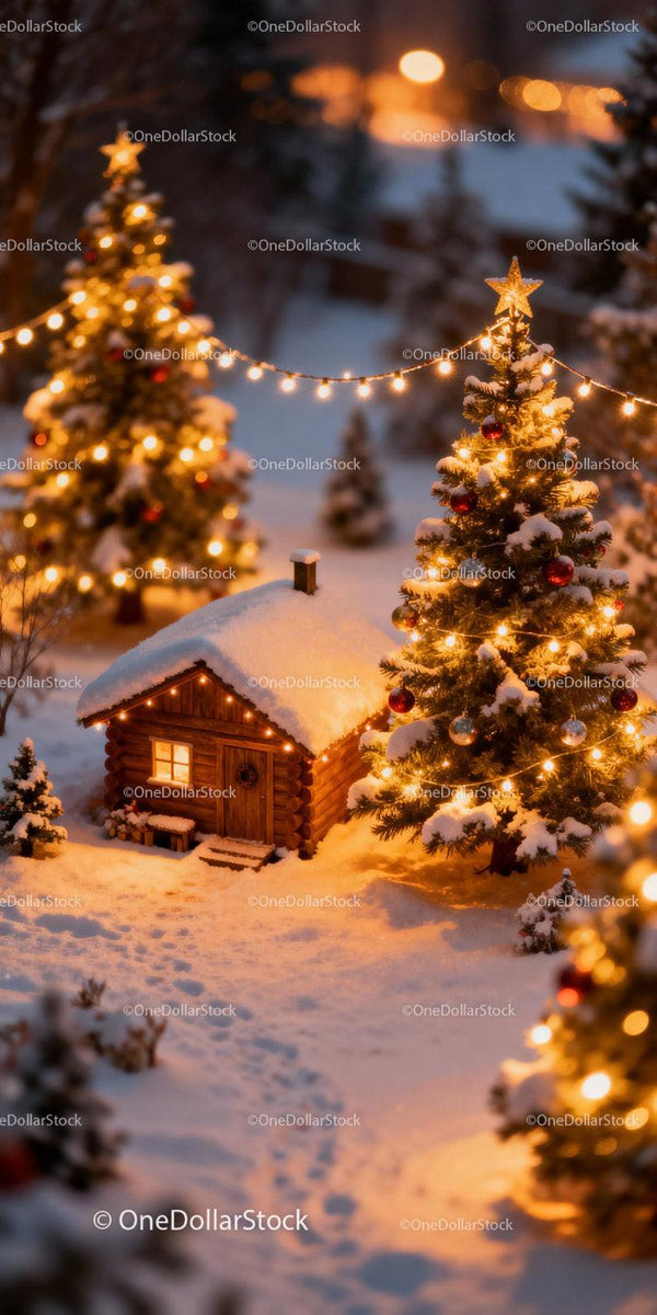 Cozy winter cabin with glowing Christmas trees