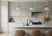 Modern Minimalist Kitchen with Marble Backsplash and Flower Arrangement
