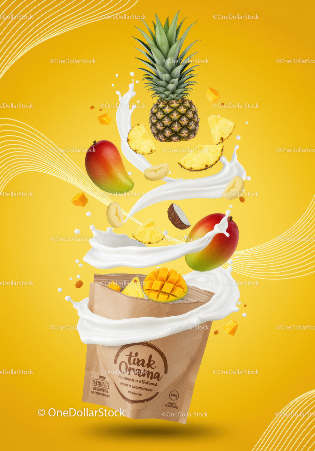 Tropical fruit blend pouring from paper smoothie bag