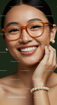 Smiling woman wearing stylish eyeglasses and pearl jewelry