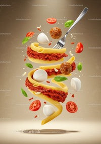 Floating Italian Pasta with Meatballs and Fresh Ingredients