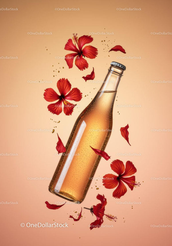 Butelka musującego napoju z żywymi czerwonymi kwiatami hibiskusa