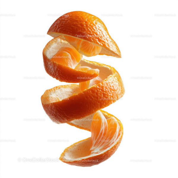 Fresh Orange Peel Artistic Spiral with Juicy Segments for Fresh Food Photos
