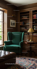 Cozy reading nook with classic green armchair and bookshelf