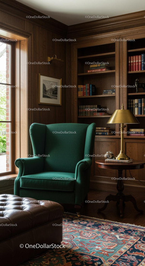 Cozy reading nook with classic green armchair and bookshelf