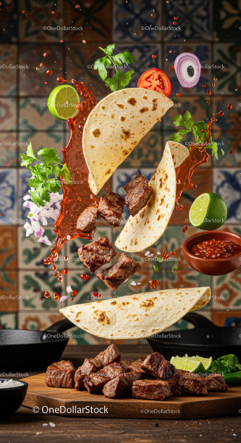 Świeże tacos z grillowanym stekiem i wyrazistymi meksykańskimi składnikami