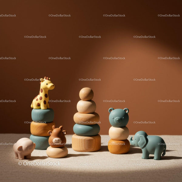 Minimalist Wooden Stacking Toys with Animal Figures