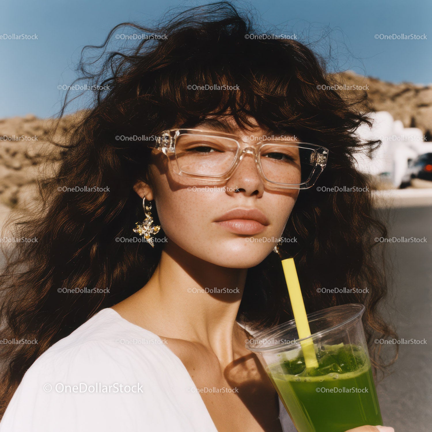 Young Woman with Curly Hair Wearing Sunglasses and Drinking Green Smoothie